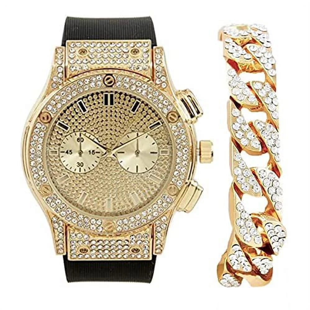 Diamond - Blast Charles Timepiece by Iced ST10311 Inspired Faux on Eyes - (Gold Hip Chrono Big Watch Bling - Mens Rhinestones Cuban) Out Rubber - Hop Raymond