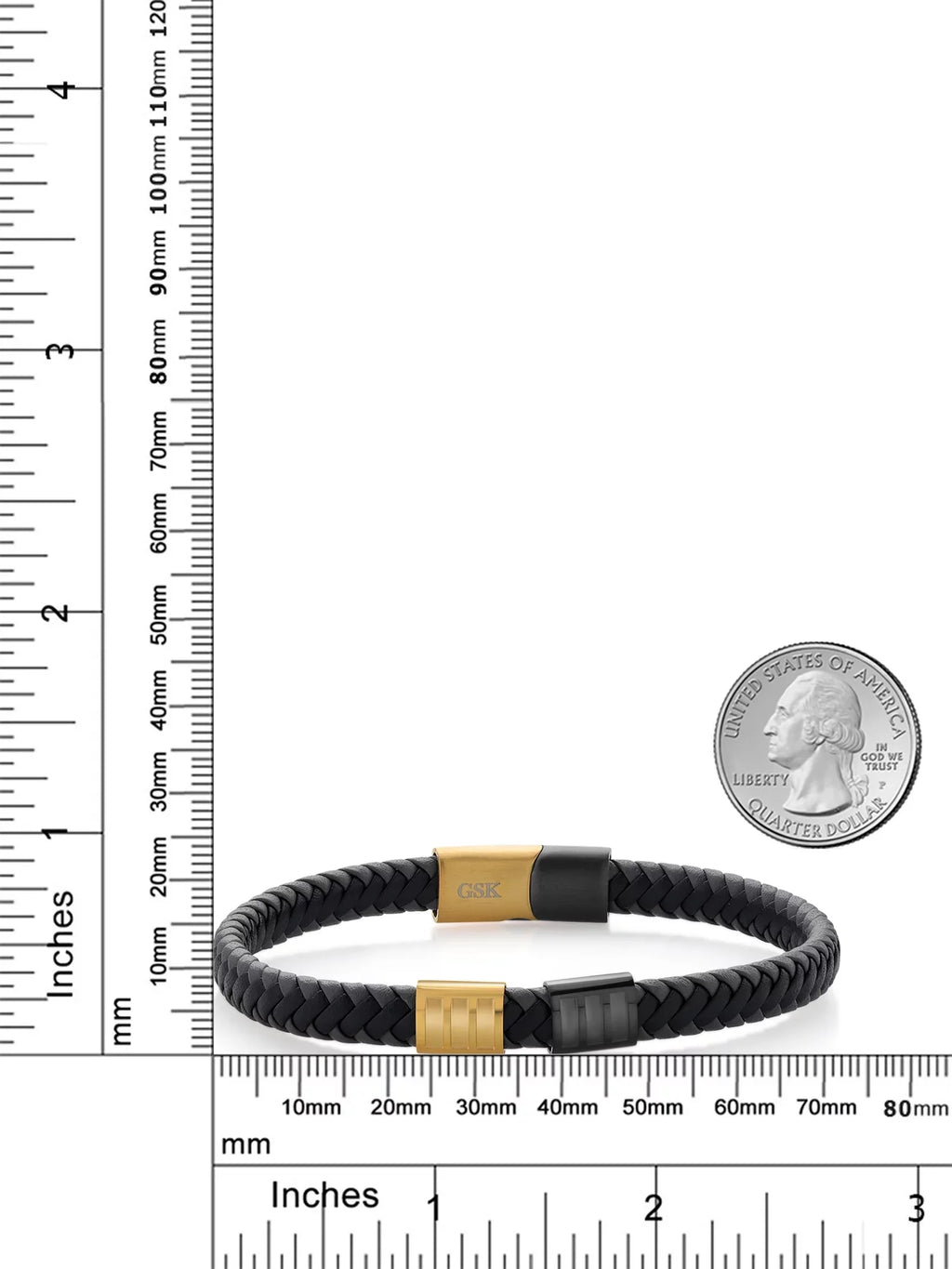 Leather Black King Gem Premium (8.25 Width) Men's Stainless Gold Stone inch, 7.7MM Bracelet Genuine Steel