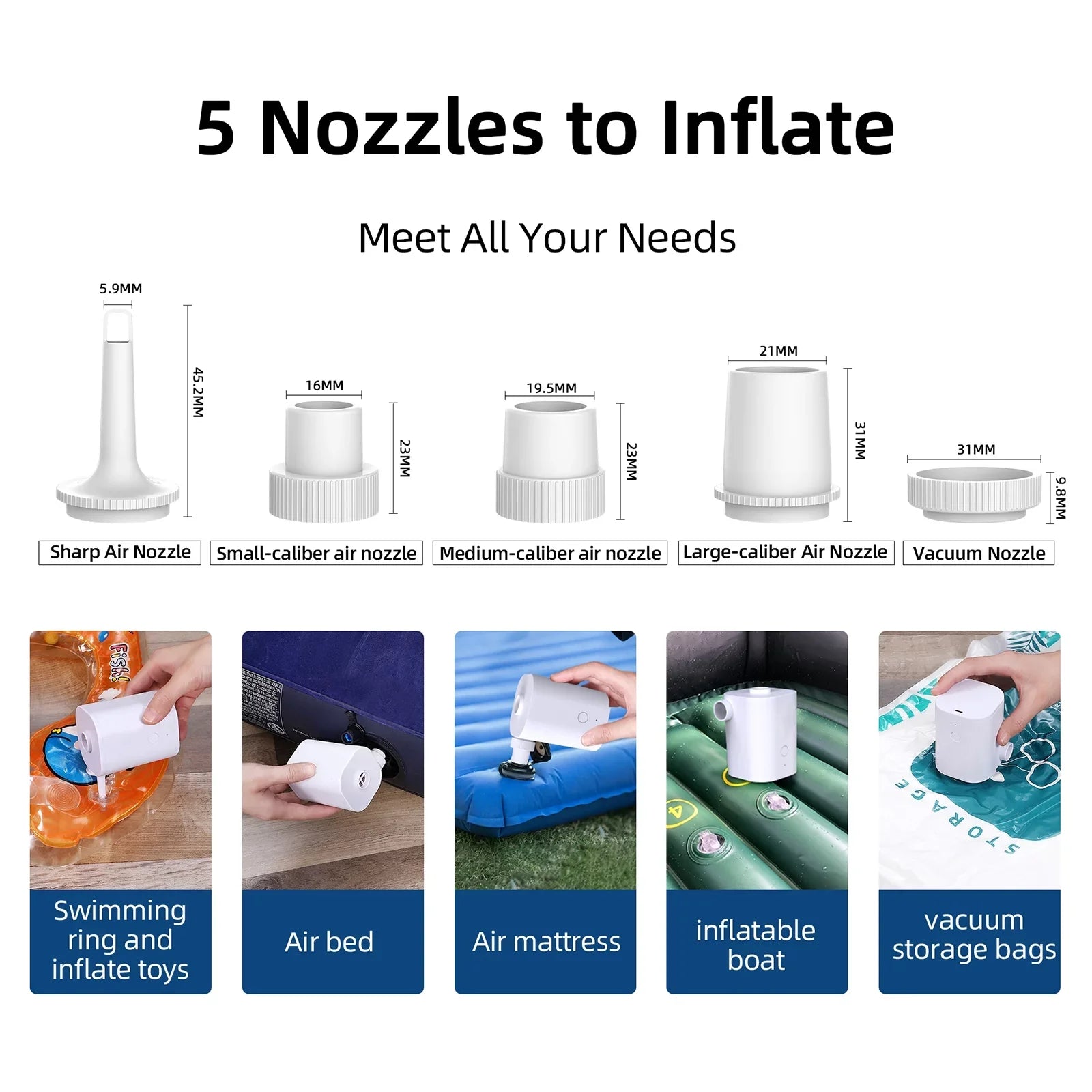 Pump 5 with Inflatables Air Electric Mattress Air USB Deflator Pool Swimming Pump Pumps for Nozzles Ring Inflator Air Toy Bed Air with 2500mAh Battery Quick
