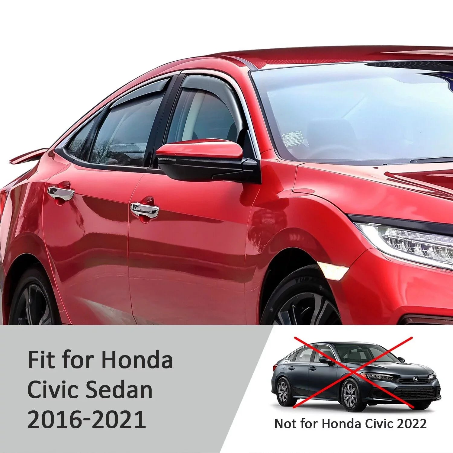 Honda Rain 2016-2021 200508 Window Guards Visors, Window Extra 4 for Voron Vent Civic Durable Deflectors, - Glass Sedan, in-Channel Pieces