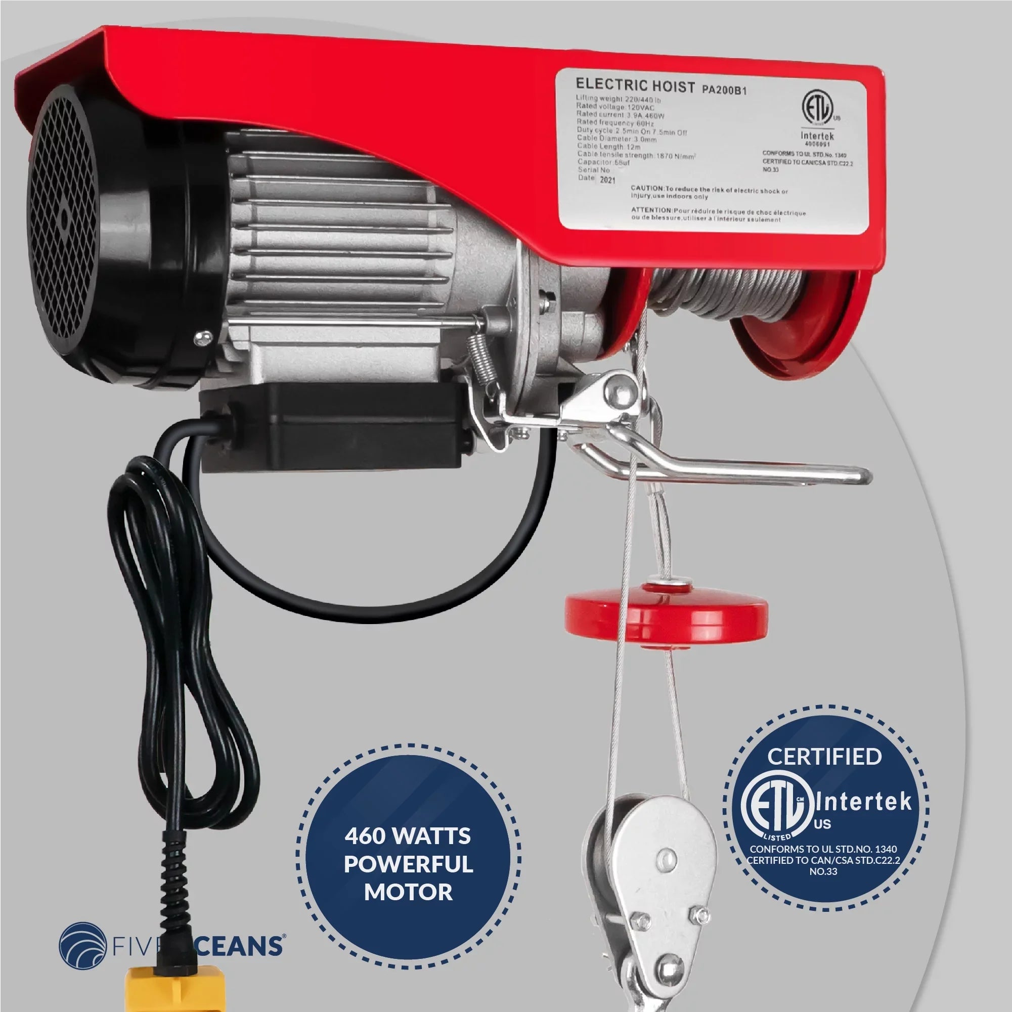Hoist Hoist, 440 Five Winch Remote 120 System, Emergency Stop Lb Includes Electric 20FT Working Control Pulley V, for Gloves Garage, Factory Oceans FO3780-C1 Hoist, Lifting Pulley - Button Electric