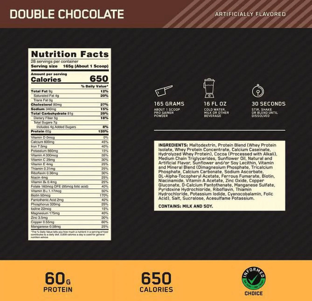 10.19 Gainer, Chocolate, Standard Double 29 Servings Nutrition, lb, Optimum Pro Gold
