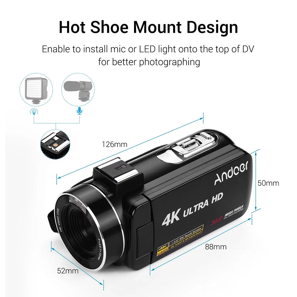 with Wide CMOS Shoe Video -Shaking Digital Handheld Monitor Function Lens 0.45X Burst Sensor Inch with Angle 3.0 DV Andoer 4K Professional Hot Macro IPS Mount Camcorder