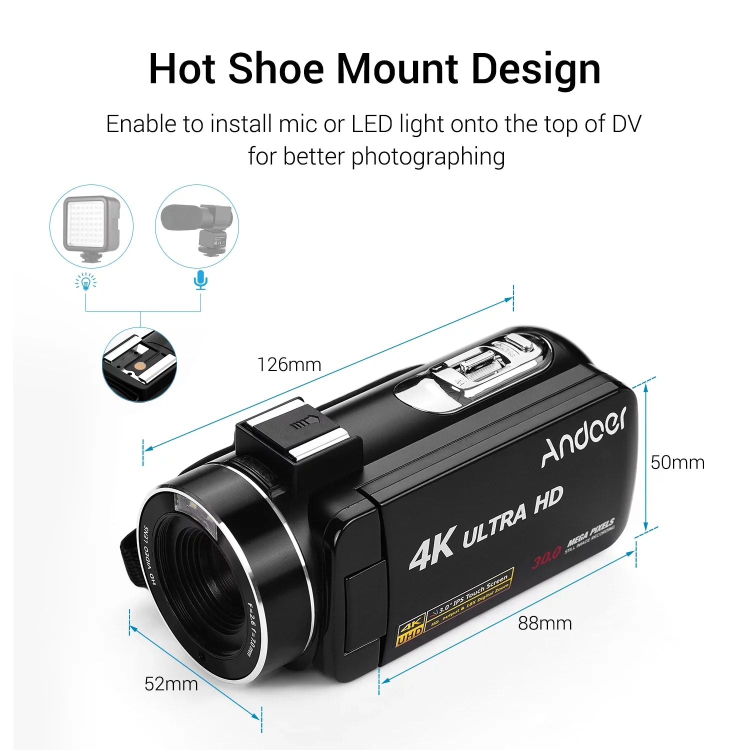 with Wide CMOS Shoe Video -Shaking Digital Handheld Monitor Function Lens 0.45X Burst Sensor Inch with Angle 3.0 DV Andoer 4K Professional Hot Macro IPS Mount Camcorder