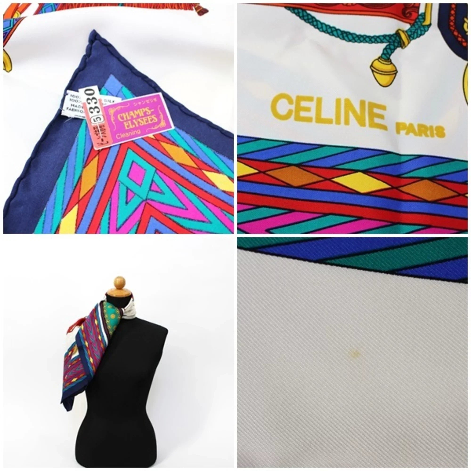 Silk Pre-Owned Navy Ladies Scarf CELINE Muffler (Good) | White x Celine