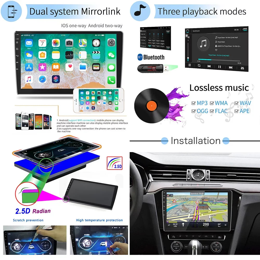 Radio Player HD 10 inch 10.1 AHD Podofo Car Stereo Double Rear Screen Car View Bluetooth Link Android Touch with inch GPS Din 11 MP5 Camera Mirror Car