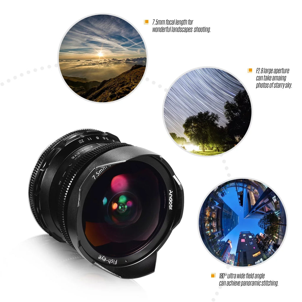 Camera A6100 Lens Aperture with A77II Focus A6500 A6300 Large APS-C E-Mount Manual Angle 180° Andoer Ultra A6600 Andoer A6000 A6400 Frame 7.5mm Wide 5100 F2.8 Compatible Fisheye Lens