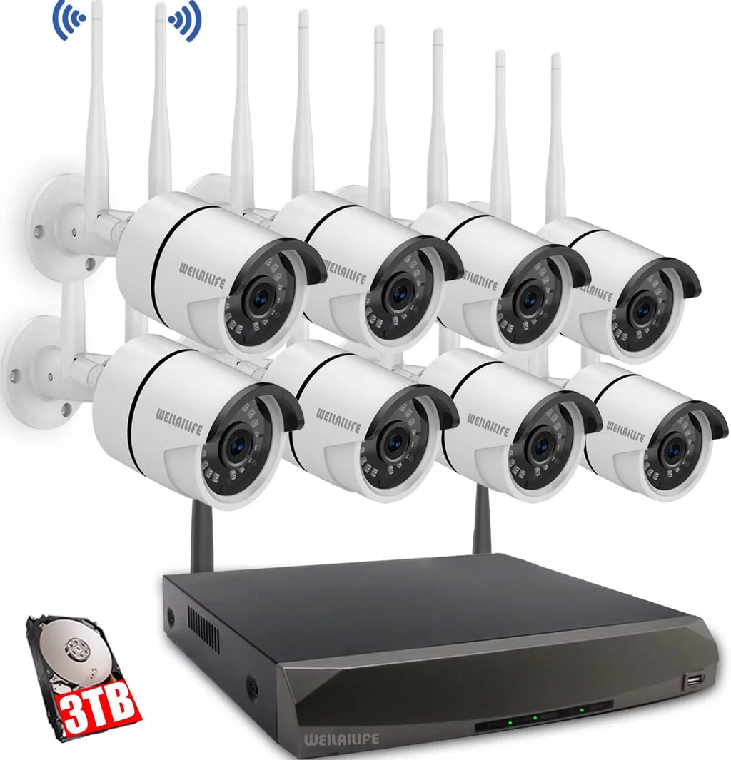 camera 8Pcs Drive] Hard exterior/Indoor Wireless and IP Surveillance System Camera Weatherproof Camera 3TB Antennas Wireless CH 8 Security [Dual 1080P