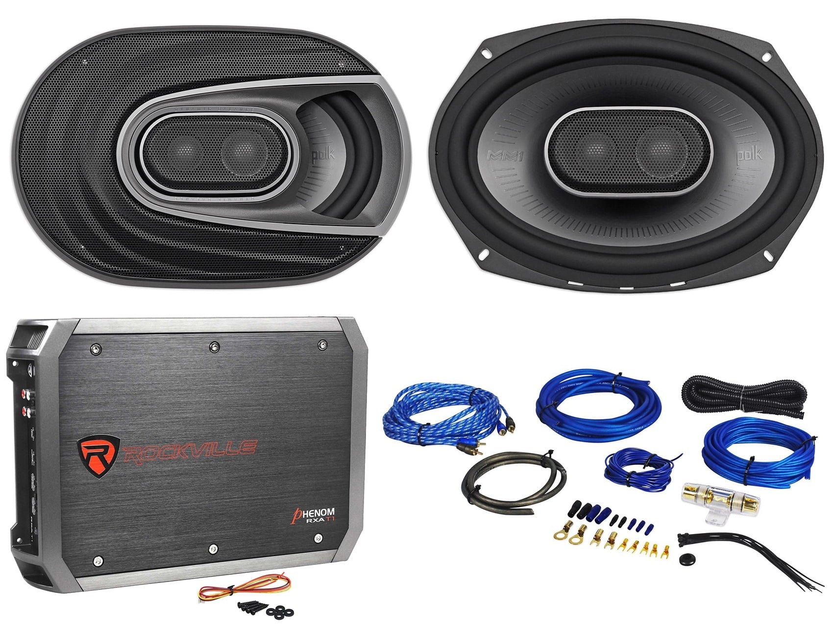 3-Way Kit 6x9” Car Speakers+2-Ch 900w Polk MM692 (2) Audio Amp+Wire Audio/Marine