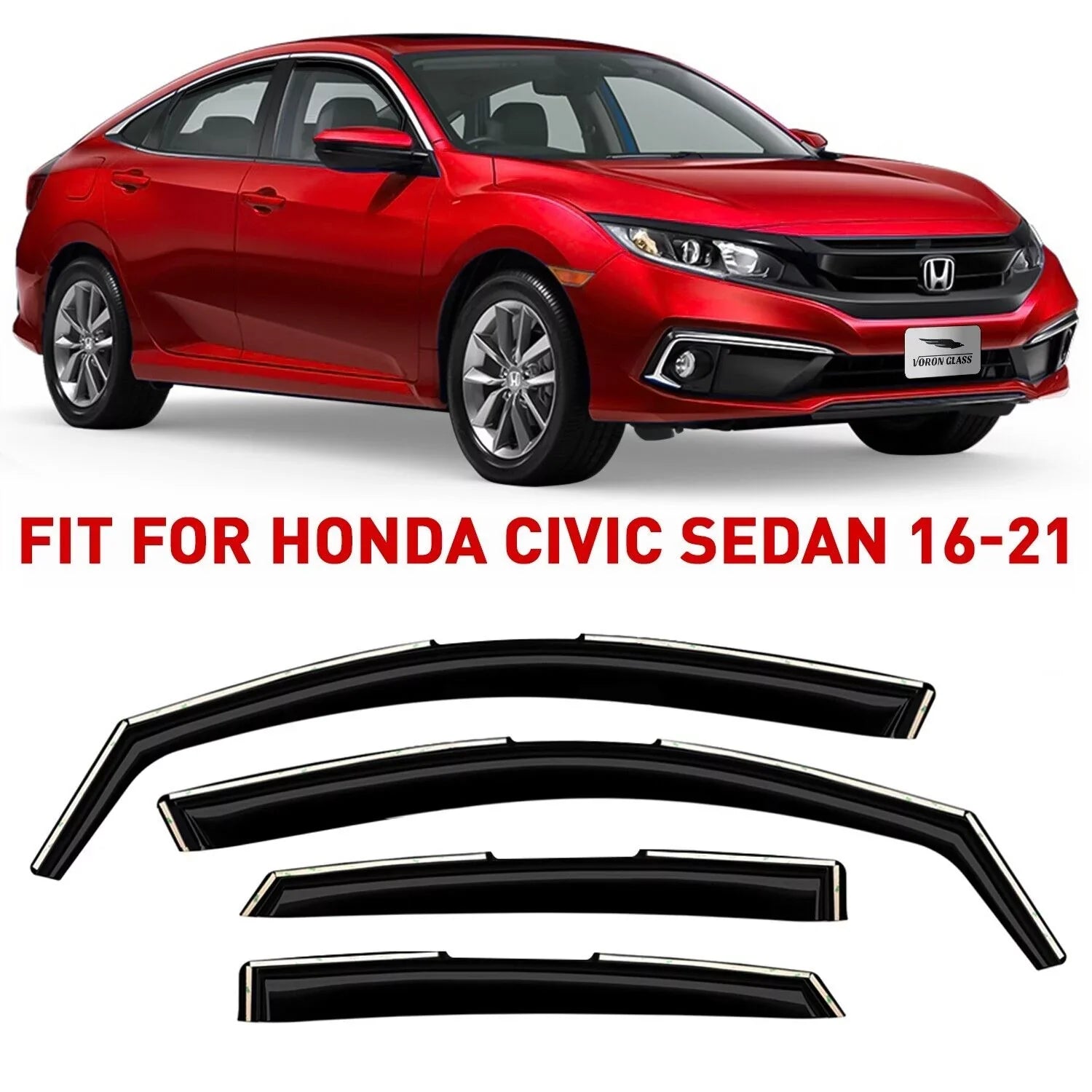 Honda Rain 2016-2021 200508 Window Guards Visors, Window Extra 4 for Voron Vent Civic Durable Deflectors, - Glass Sedan, in-Channel Pieces