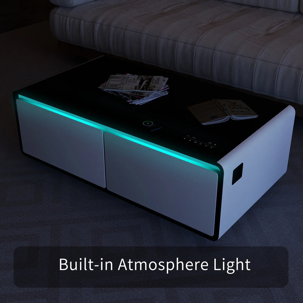 Modern light, Smart Power White Coffee Table Built-in Socket, Bluetooth Protection, Panel, USB Interface, Fridge, Control Charging with Touch Wireless Outlet Module, Atmosphere Speaker,