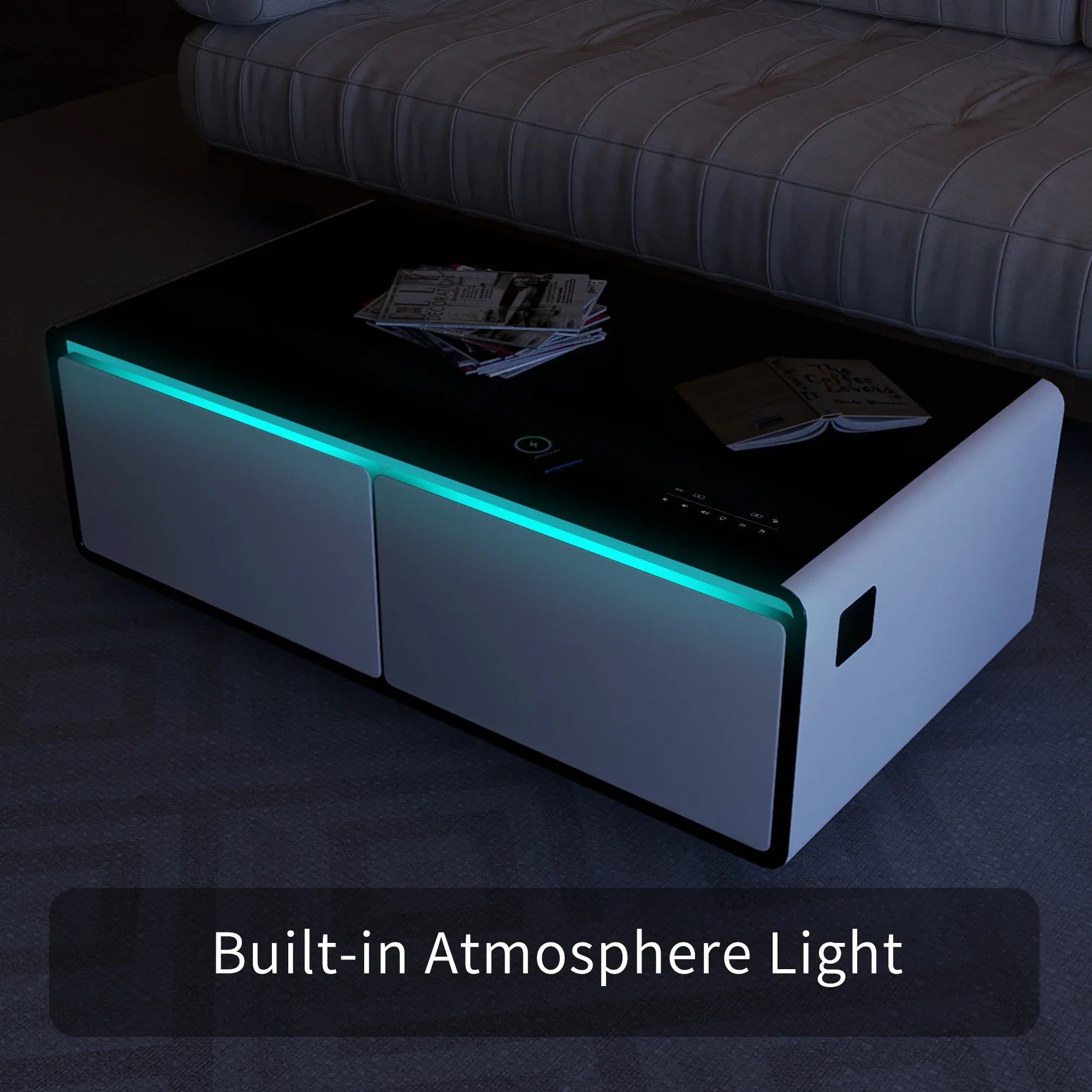 Modern light, Smart Power White Coffee Table Built-in Socket, Bluetooth Protection, Panel, USB Interface, Fridge, Control Charging with Touch Wireless Outlet Module, Atmosphere Speaker,