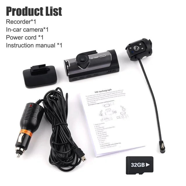 Camera Car HD Dual Dash Video or Vision Xhy Motion Lens 1080P Recorder G-Sensor, DVR Night Cam Driving Front Detection Inside