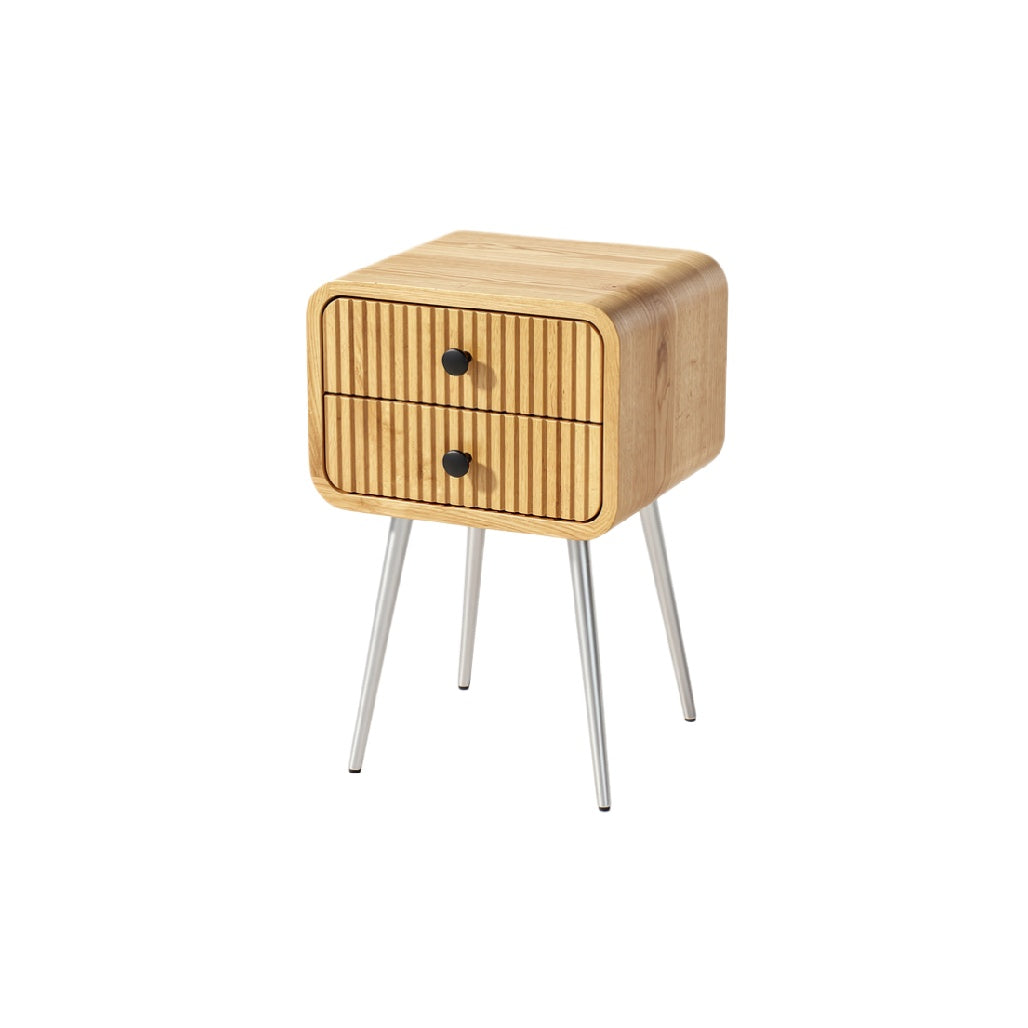 Minimalist Wooden Nightstand with Two Drawers and Metal Legs