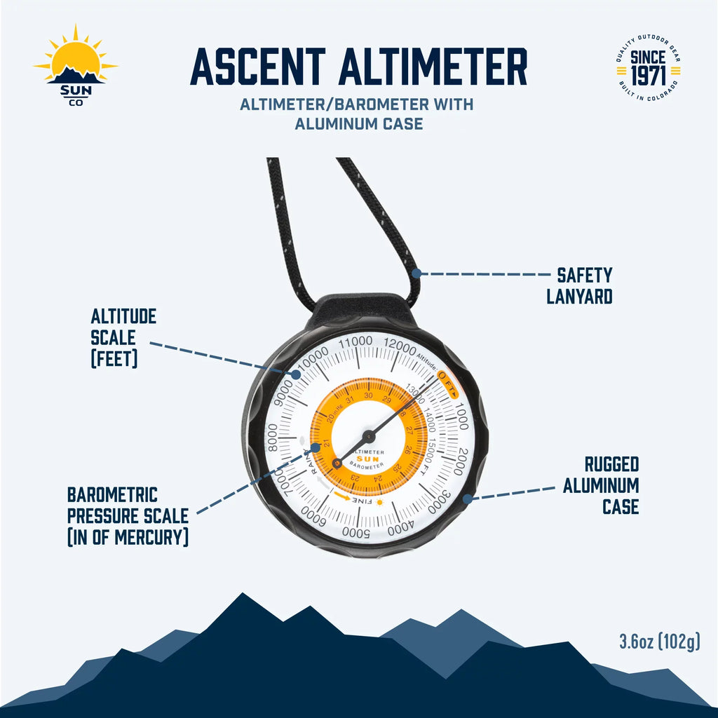 to and Barometer Indicator Company Sun | 0 Case Rugged Reads climate-Trend Feet Aluminum Altimeter Battery-Free Lanyard Ascent | 15,000 Altimeter from - and with Reflective Altitude