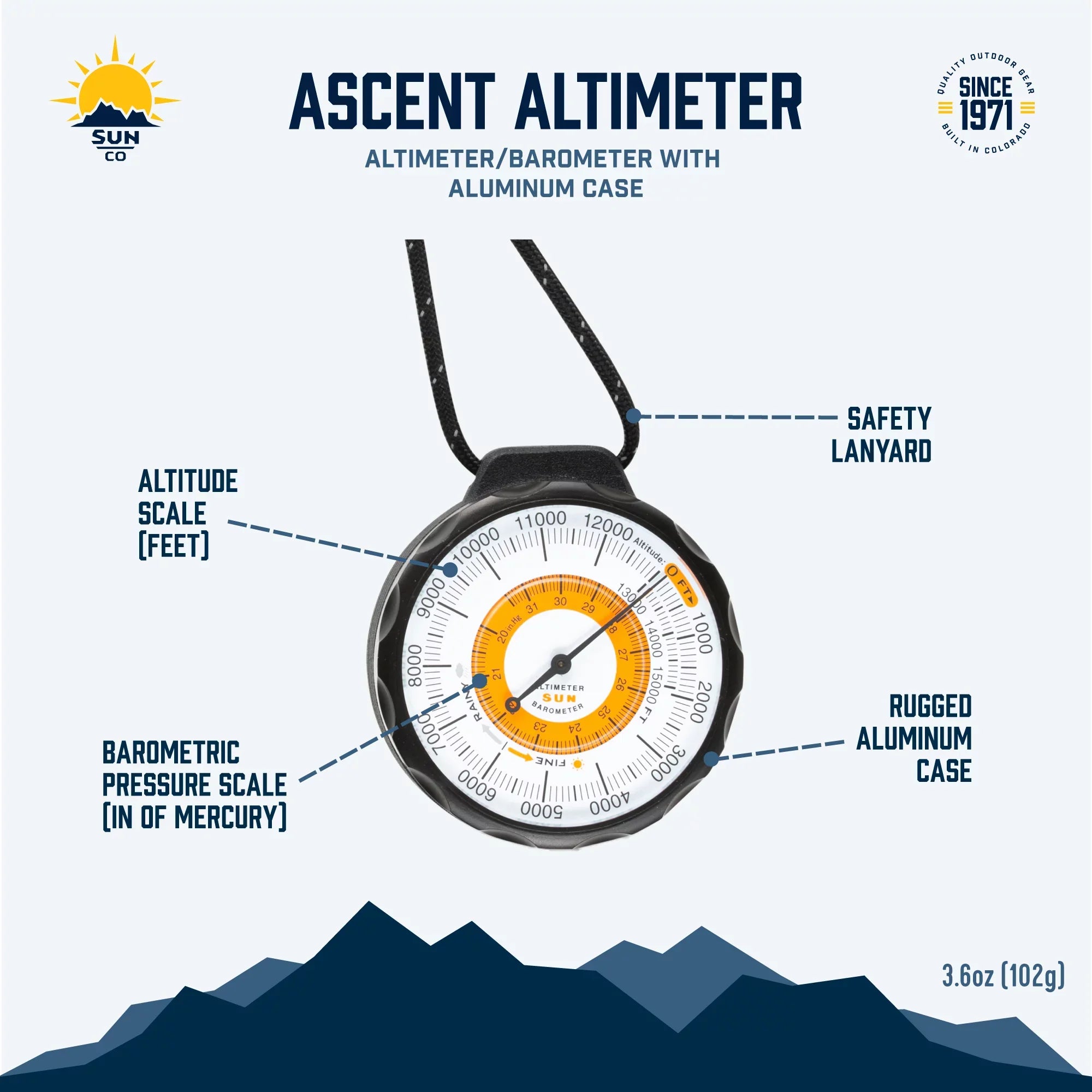 to and Barometer Indicator Company Sun | 0 Case Rugged Reads climate-Trend Feet Aluminum Altimeter Battery-Free Lanyard Ascent | 15,000 Altimeter from - and with Reflective Altitude
