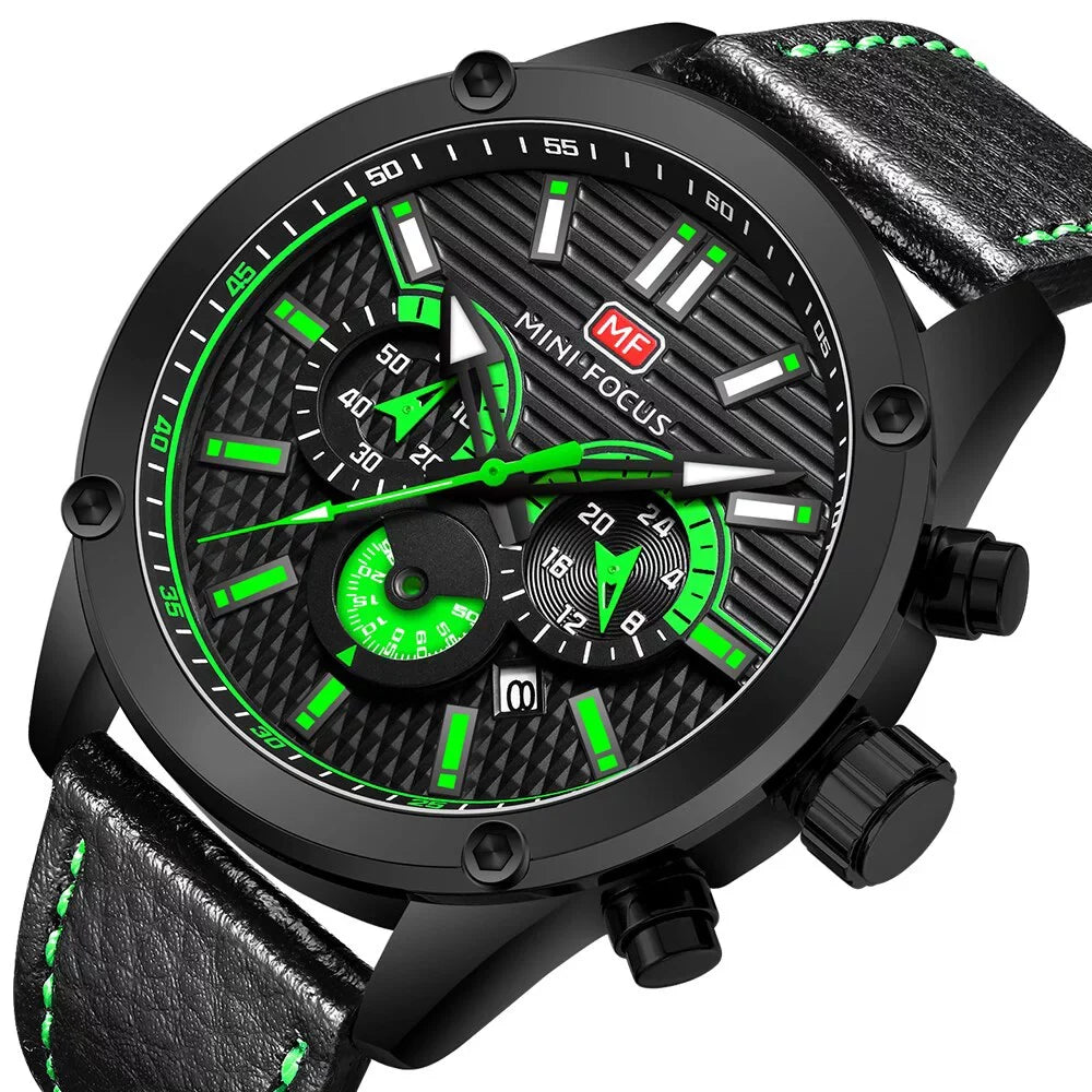 Masculino Homme Luxury Montre Wristwatch Watch Relogio Fashion Brand MINI FOCUS Black Sport Men Waterproof Leather Quartz Strap