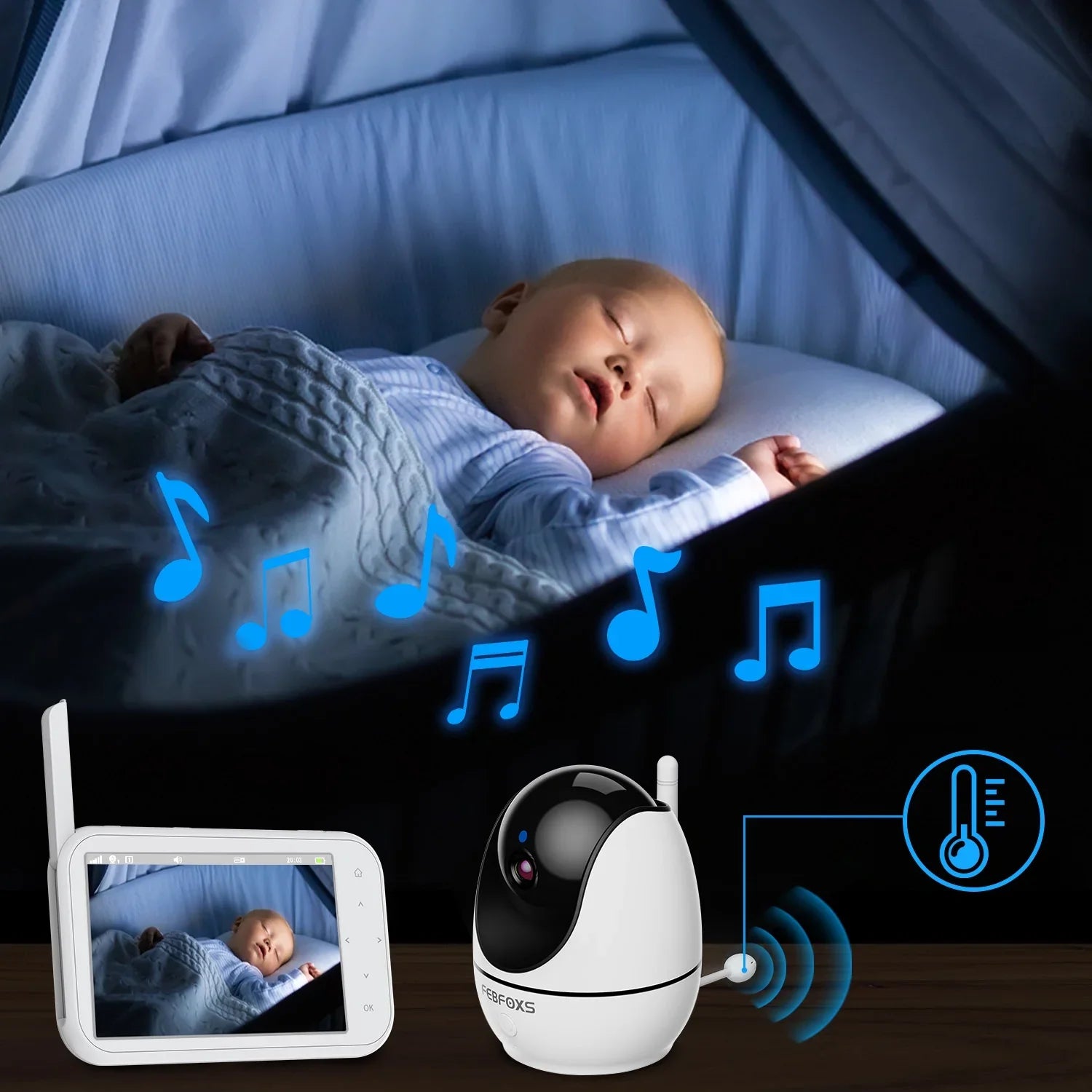 Camera LCD Audio, 4.3" 1080P Screen Pan&Tilt&Zoom, Baby Wifi with Two-Way Monitor Night Auto Talk, & No Vision,Tem-Sensor, Febfoxs