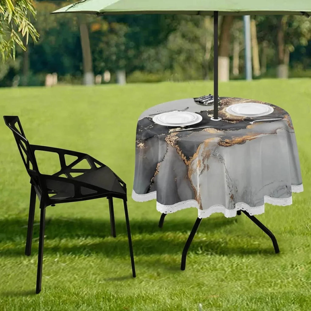 Abstract Fluid Round Table /BBQ/Picnic Table Covers 60In,Waterproof Tablecloth 60" Dreamtimes Zipper,Party Painting Backyard for Cloths exterior with Hole Natural and Umbrella Luxury Round Patio Art