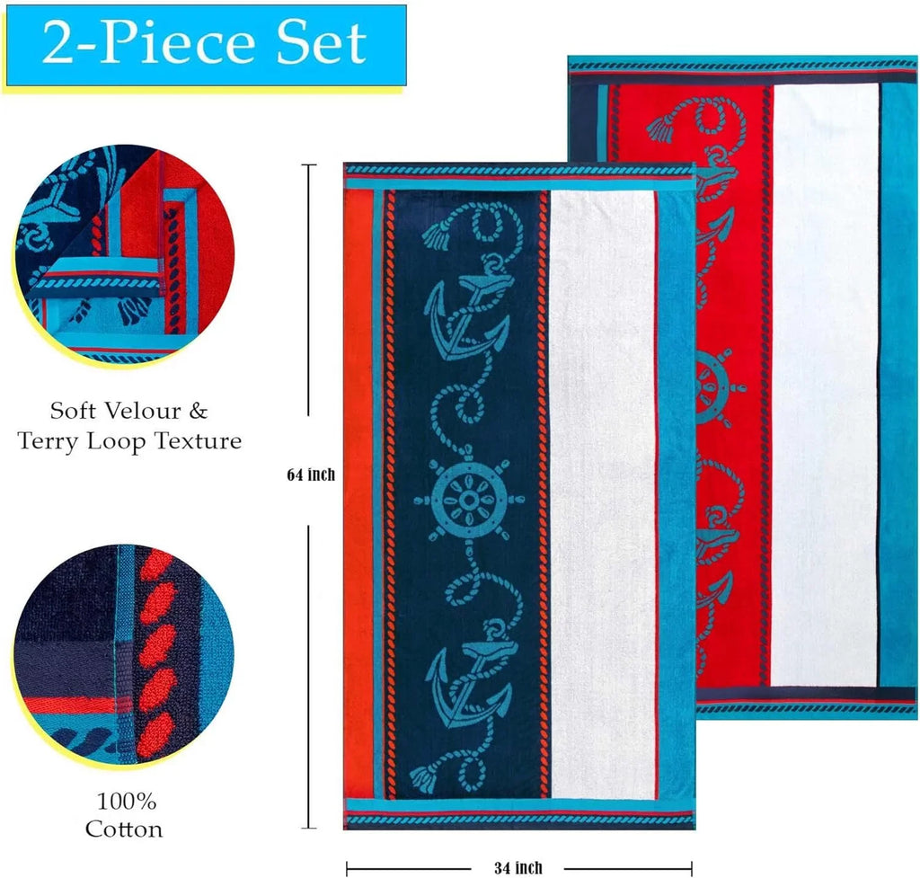 Towel Striped Absorbent, Beach X Sailing Pool, Travel, 34" Adults, Quick 2 Bathroom, Swimming, Kids, Camping, Dry, Shower, Blue/Red/White, Cotton Collection, Set Vacation, Piece For 64",