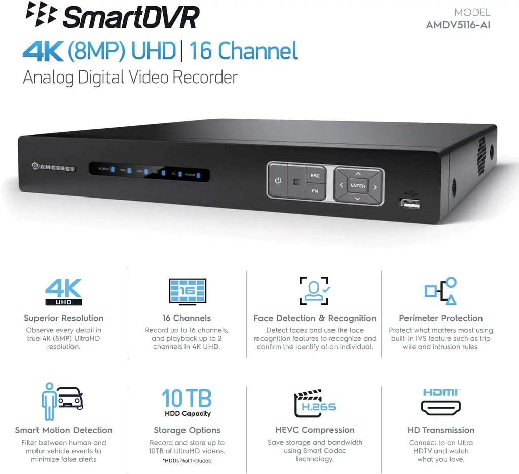 Analog 4K Recognition, IP Cameras, Smart Amcrest Camera DVR & DVR, AI Human Face System Channel Vehicle Security (AMDV5116-I3) for AI Recorder, DVR Detection 16 & AI Amcrest Cameras Security
