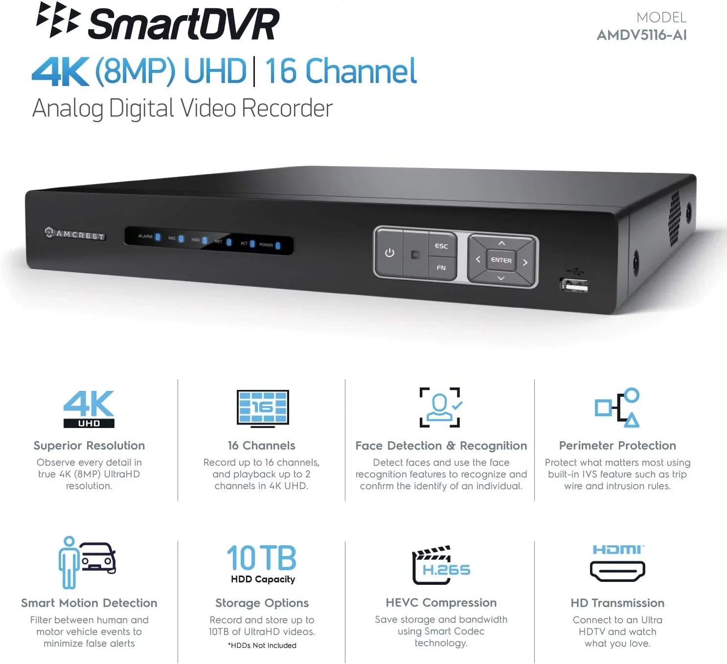 Analog 4K Recognition, IP Cameras, Smart Amcrest Camera DVR & DVR, AI Human Face System Channel Vehicle Security (AMDV5116-I3) for AI Recorder, DVR Detection 16 & AI Amcrest Cameras Security