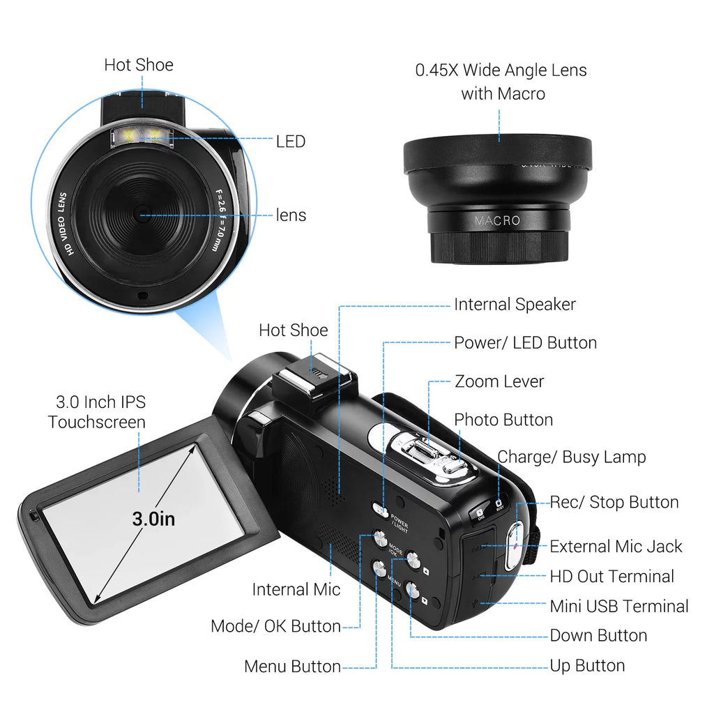 with Wide CMOS Shoe Video -Shaking Digital Handheld Monitor Function Lens 0.45X Burst Sensor Inch with Angle 3.0 DV Andoer 4K Professional Hot Macro IPS Mount Camcorder