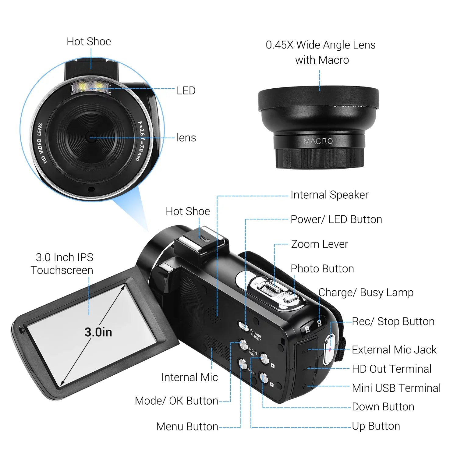 with Wide CMOS Shoe Video -Shaking Digital Handheld Monitor Function Lens 0.45X Burst Sensor Inch with Angle 3.0 DV Andoer 4K Professional Hot Macro IPS Mount Camcorder