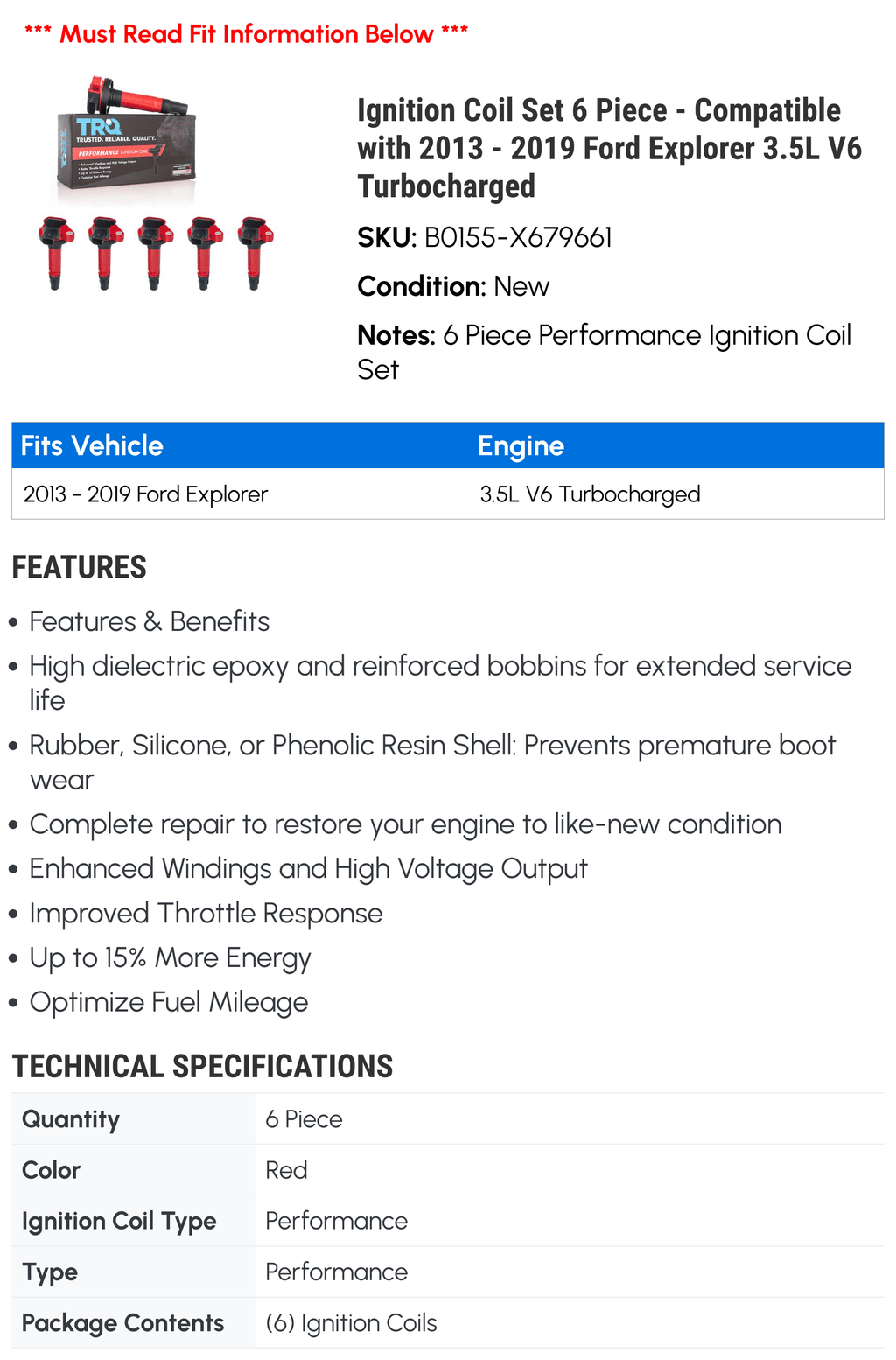 2017 - with V6 3.5L 2016 Set Ignition - 6 Piece 2019 2018 Turbocharged 2013 Compatible Coil 2015 Explorer 2014