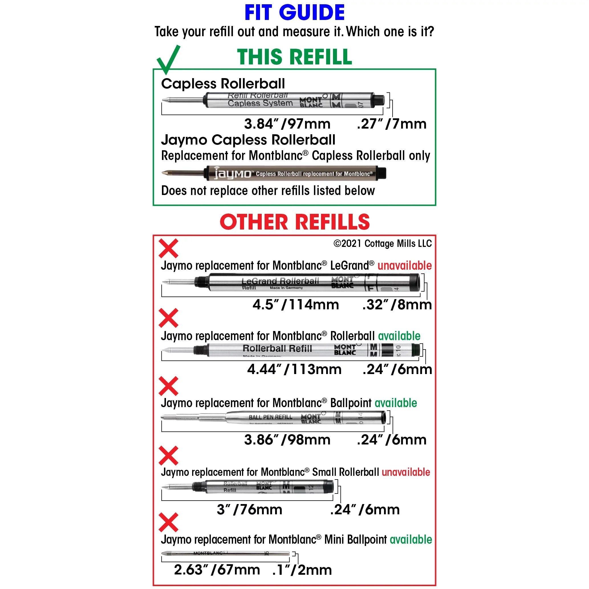 Blue Pen 97 12 Long Refill - for 3.84 Jaymo Rollerball 113778 Capless Replacement mm Montblanc Measures / - - in