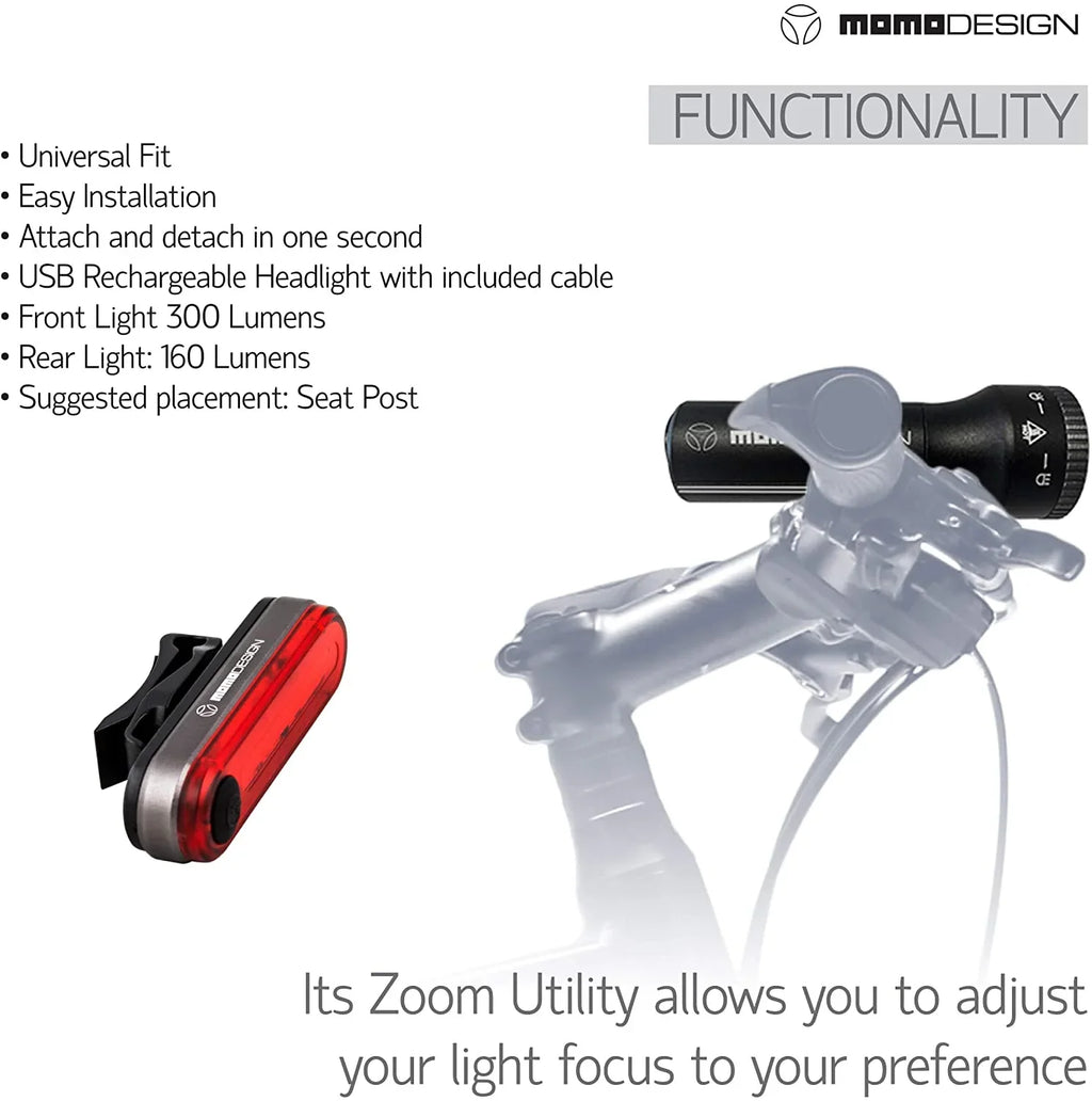 Bike climate USB Visibility, Light MOMODESIGN for Light Rear COMMUTERS KIT for Night & Rechargeable, Designed Resistant, Headlight 300
