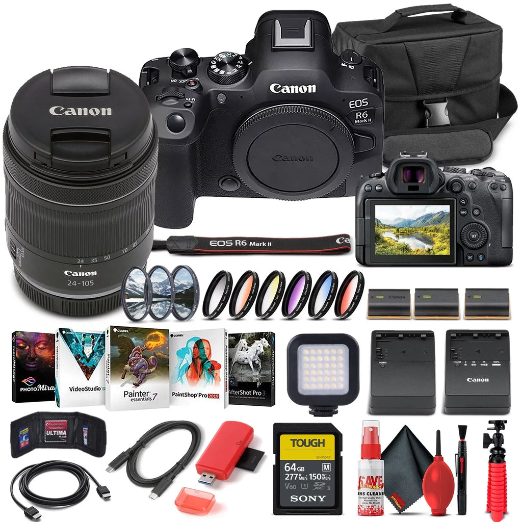 Charger f/4-7.1 + + Camera Software 24-105mm LPE6 Lens + Battery Mirrorless Light External 64GB Case 2 Corel x + Reader + Mark + EOS LED Card + with Canon II Card Memory (5666C018) + Photo More R6