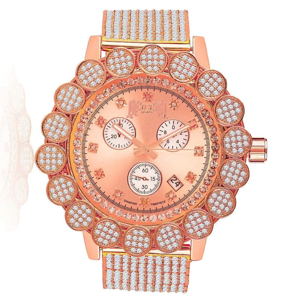 Khronos Gold Full Diamond Iced Men's Rose W/Date Flower Watch Bezel Face 14k Band Real Tone Out Big