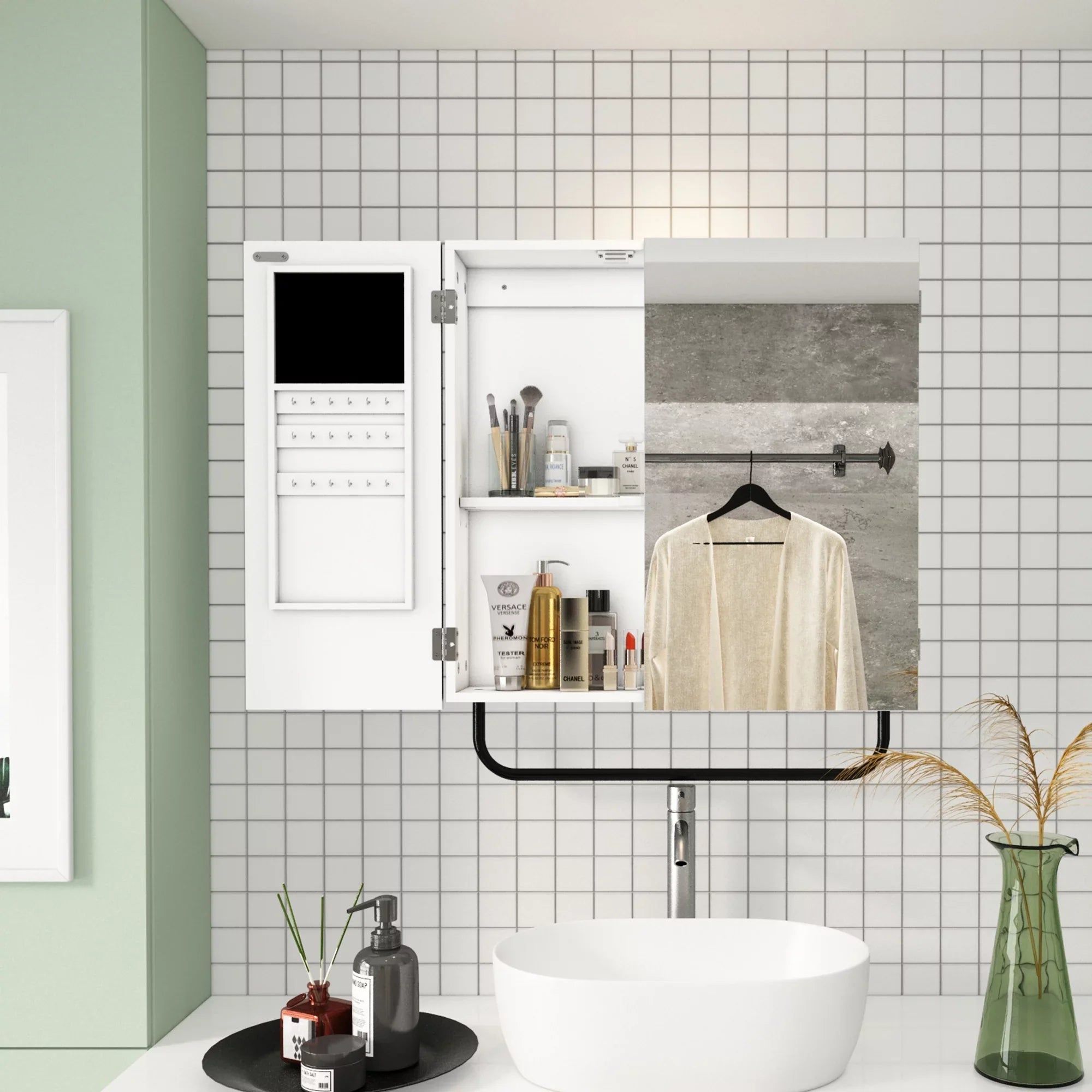 for Bathroom, Cabinet Cabinet with Mounted Square Wall 2-Tiers Jewelry Mirror, Mirror HLR