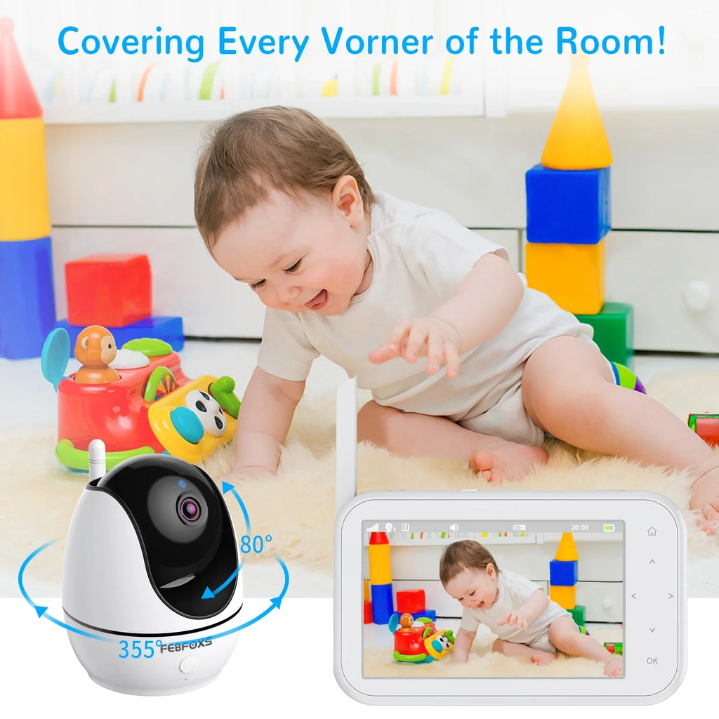 Camera LCD Audio, 4.3" 1080P Screen Pan&Tilt&Zoom, Baby Wifi with Two-Way Monitor Night Auto Talk, & No Vision,Tem-Sensor, Febfoxs