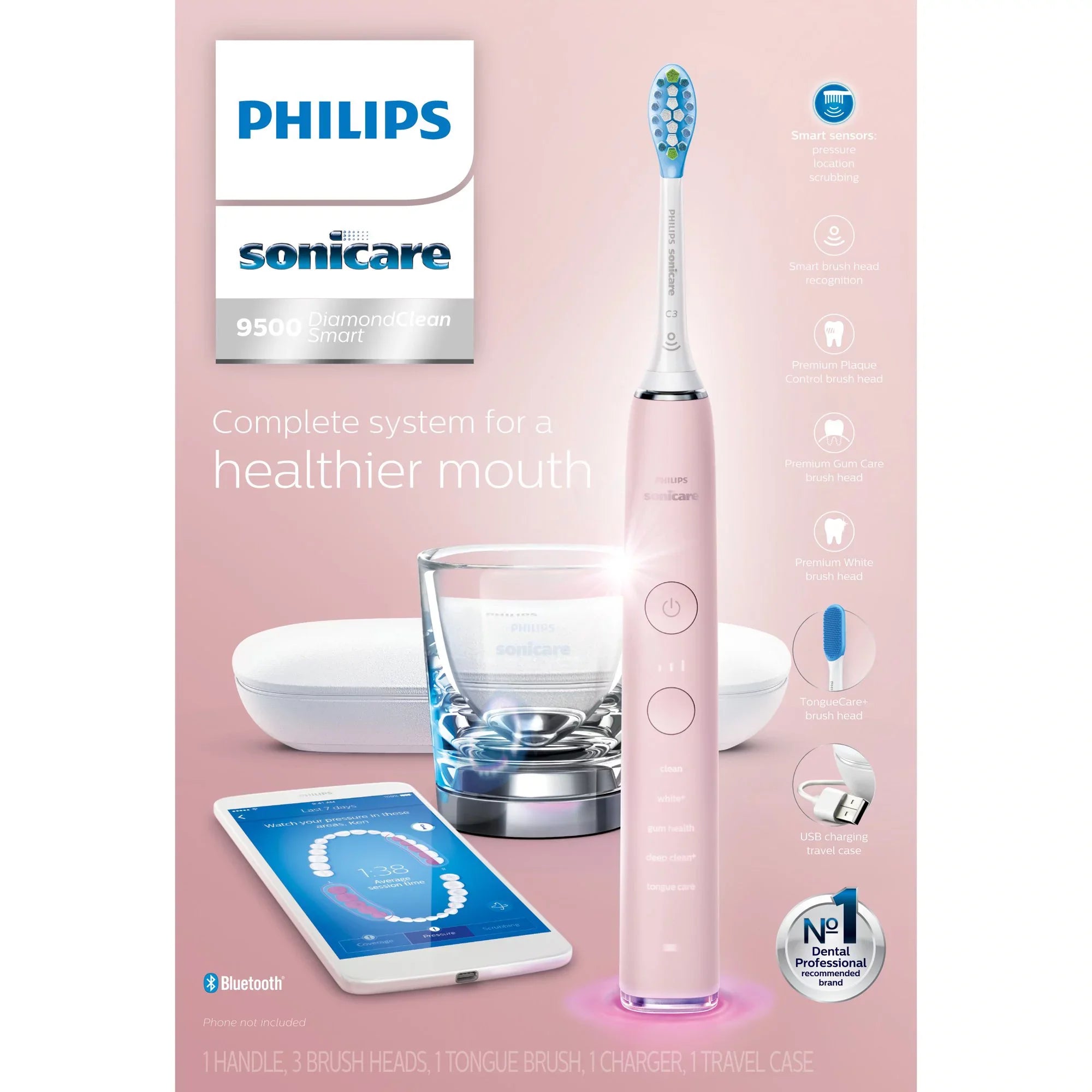 Toothbrush, DiamondClean Smart Sonicare Electric 9500 HX9924/21 Power Rechargeable Philips Pink,