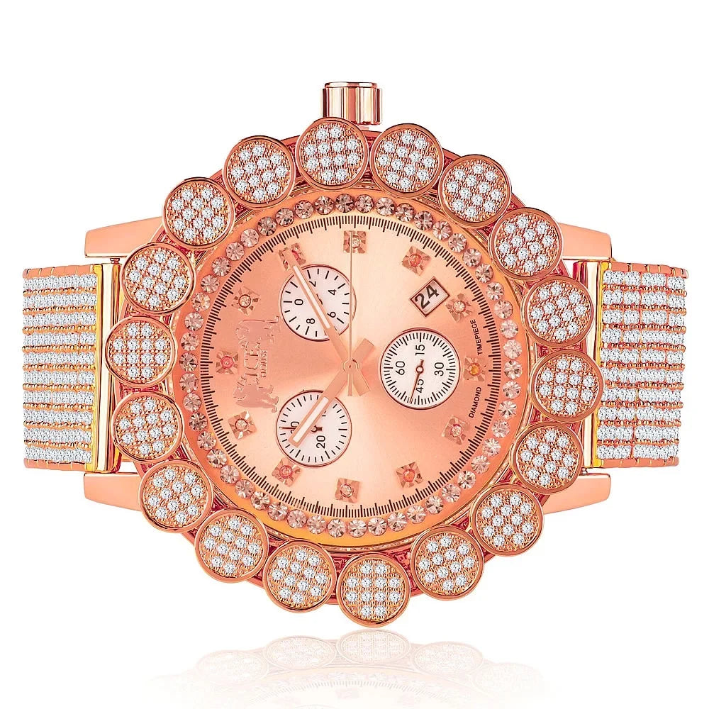 Khronos Gold Full Diamond Iced Men's Rose W/Date Flower Watch Bezel Face 14k Band Real Tone Out Big