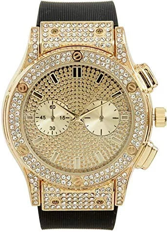 Diamond - Blast Charles Timepiece by Iced ST10311 Inspired Faux on Eyes - (Gold Hip Chrono Big Watch Bling - Mens Rhinestones Cuban) Out Rubber - Hop Raymond