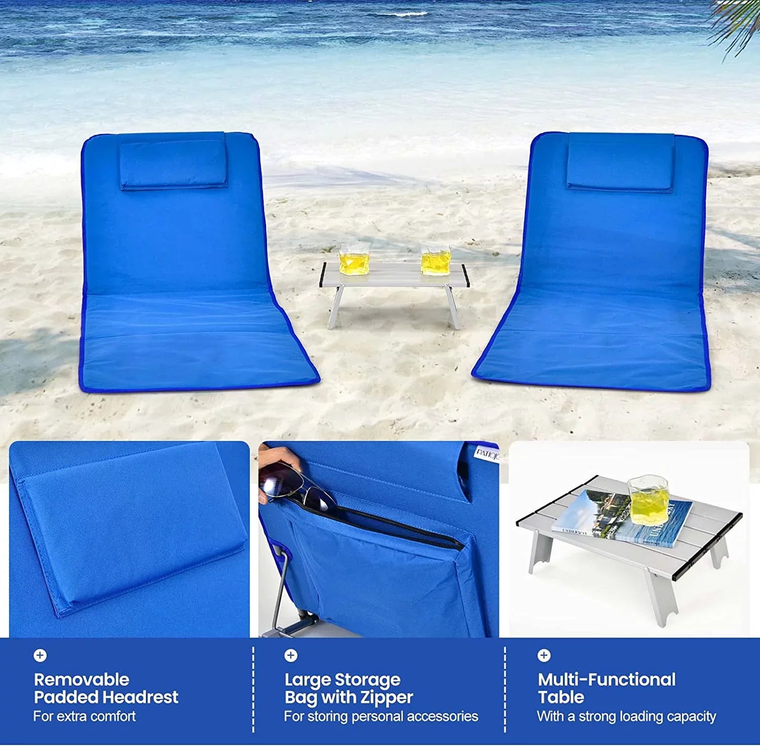 Side Adjustable Lawn 5 Chairs Folding Position Adults Chairs, Camping, Lounge with Beach for Table, Chair 2-Pack Set for Sunbathing,