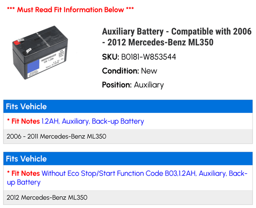 '- 2008 2012 with Battery Compatible 2010 -Benz ML350 2006 2007 Auxiliary 2011 2009 -