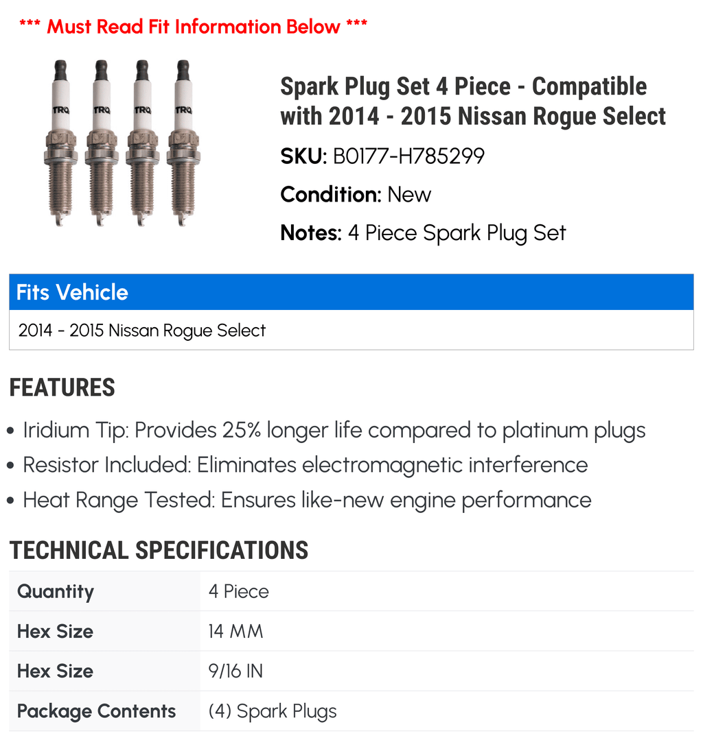 Nissan Piece 2014 Set - Select - Spark Plug Compatible 2015 Rogue 4 with
