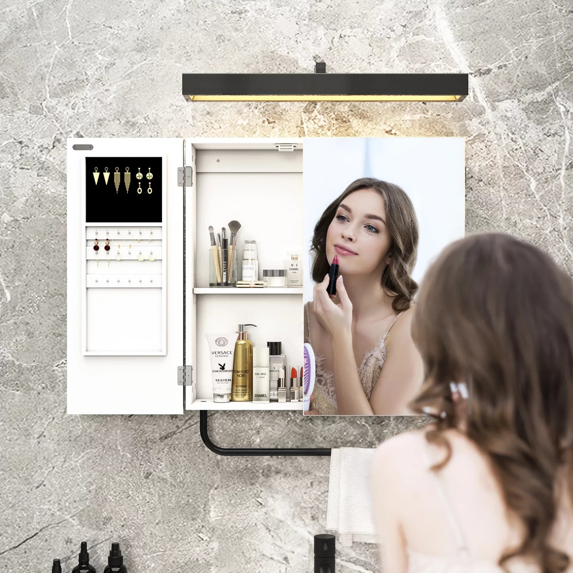 for Bathroom, Cabinet Cabinet with Mounted Square Wall 2-Tiers Jewelry Mirror, Mirror HLR