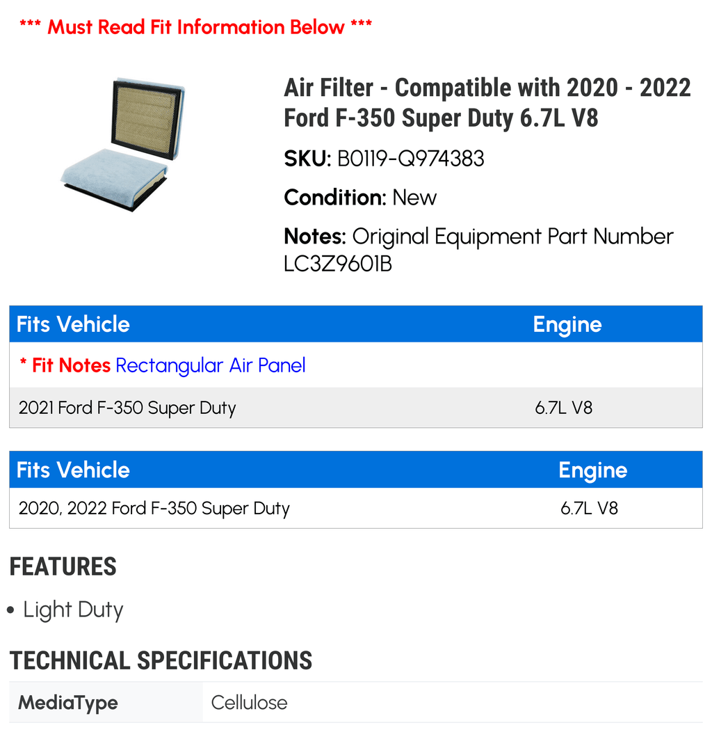 with 2021 6.7L - Compatible V8 - Duty 2022 Filter Air 2020 Super F-350