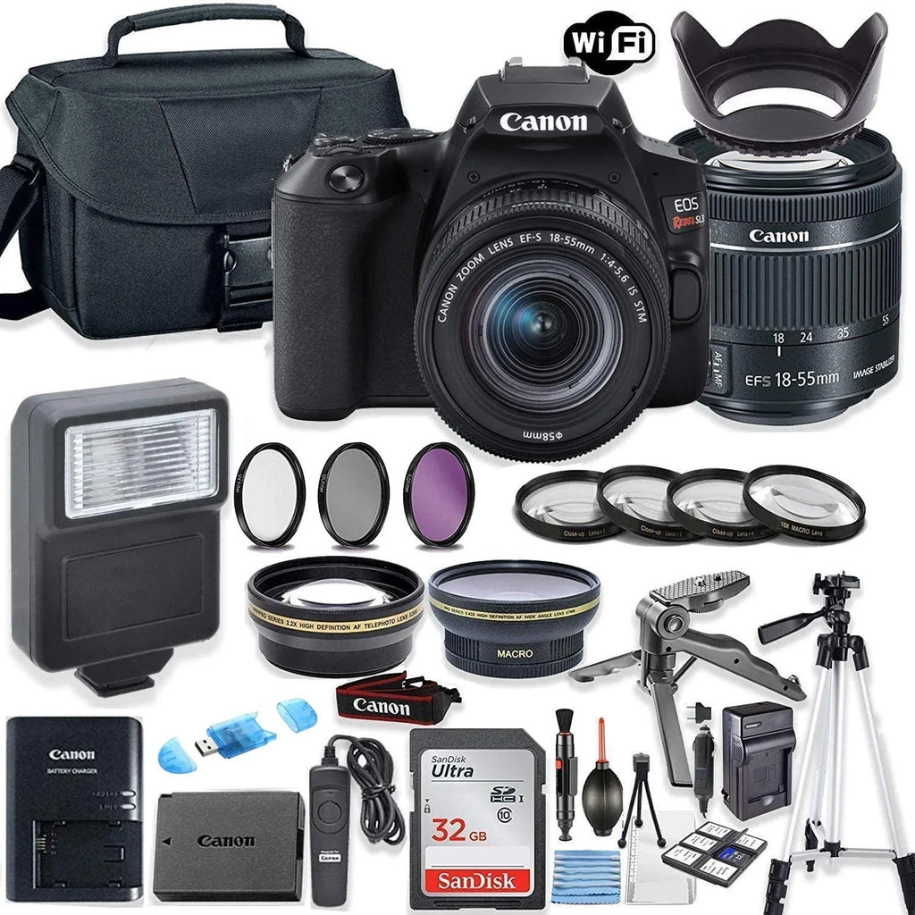 STM EF-S and with EOS DSLR Flash, 18-55mm Lens, SL3 Canon 32GB Case, Memory, Bundle Rebel Accessory