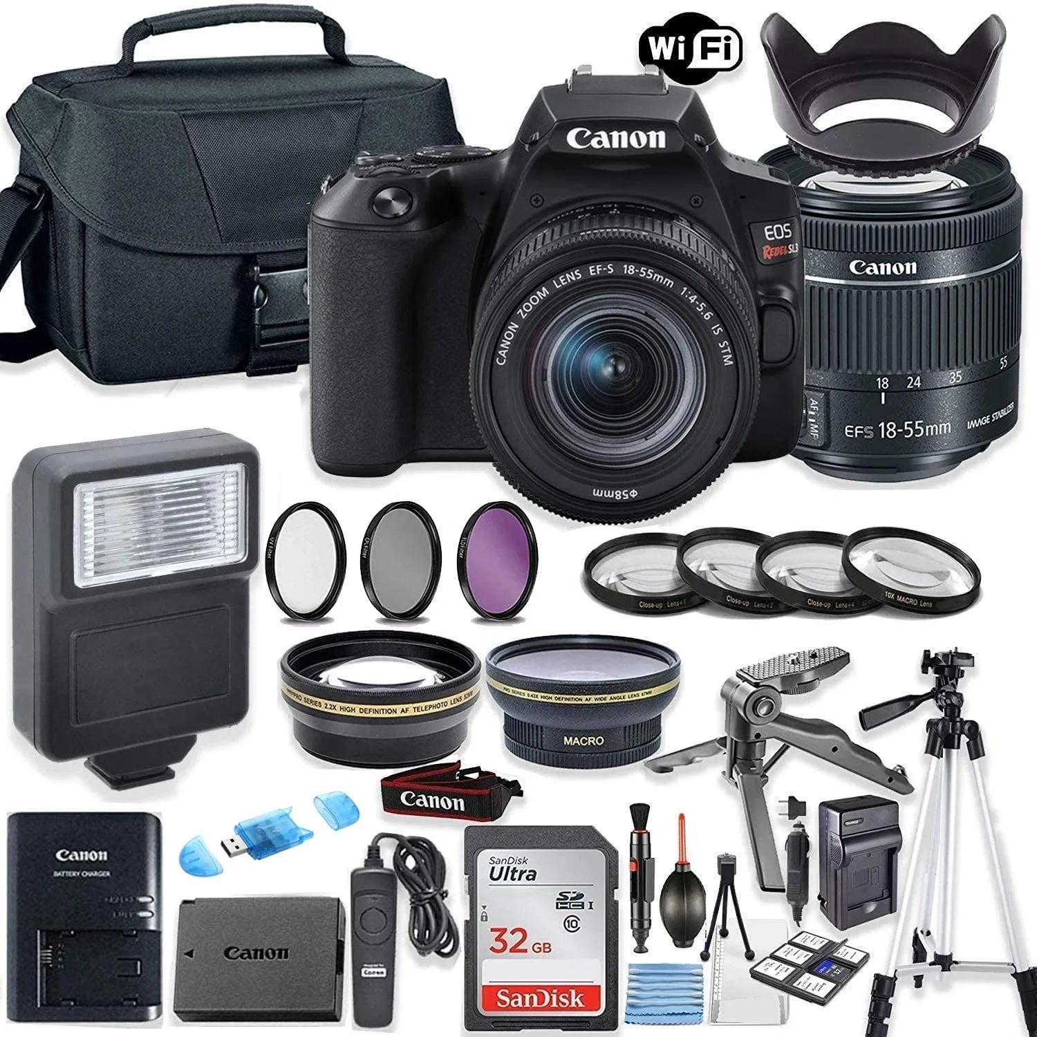 STM EF-S and with EOS DSLR Flash, 18-55mm Lens, SL3 Canon 32GB Case, Memory, Bundle Rebel Accessory