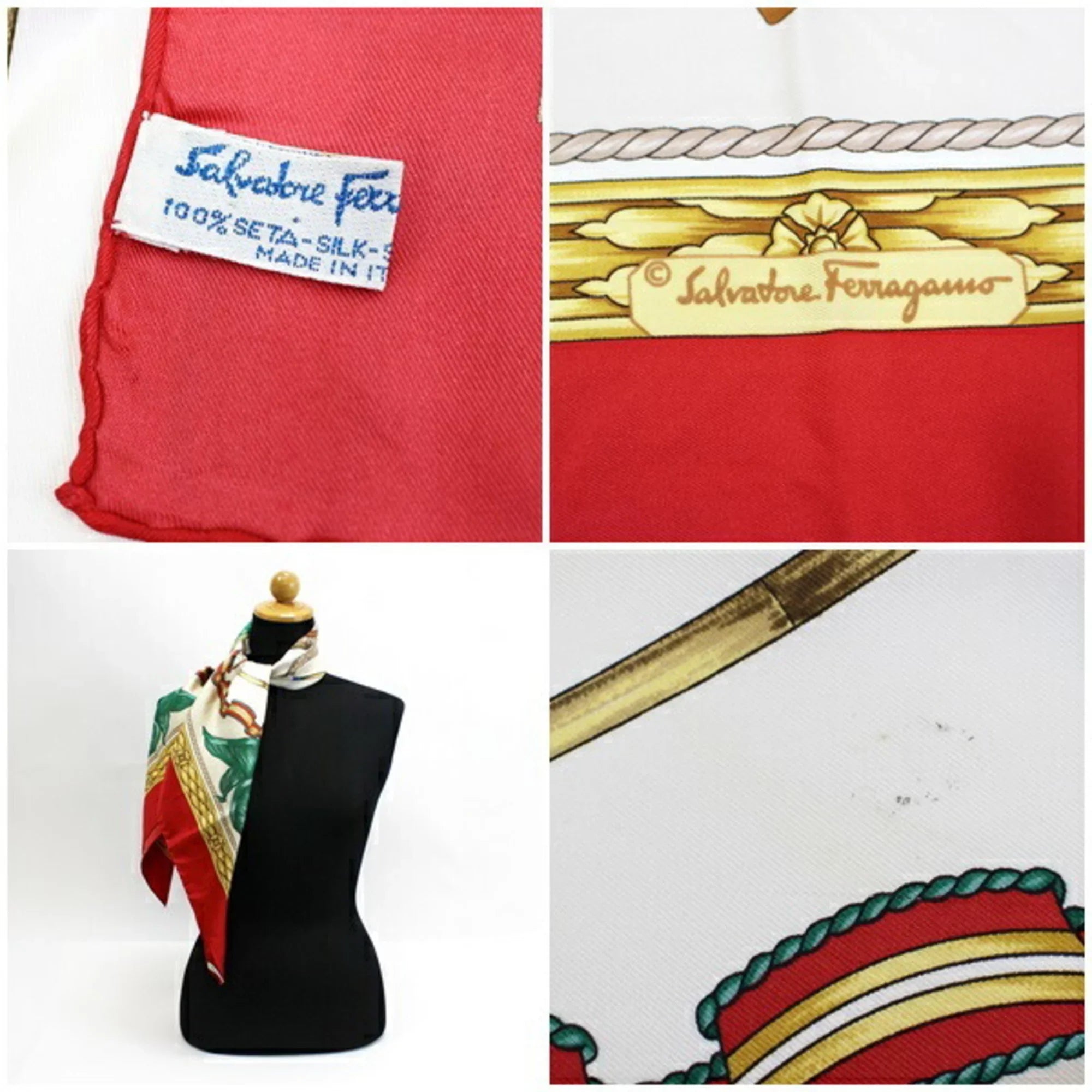 White (Good) Ferragamo Silk Stole Horse Pattern Scarf Red | Muffler FERRAGAMO Pre-Owned Ladies x SALVATORE