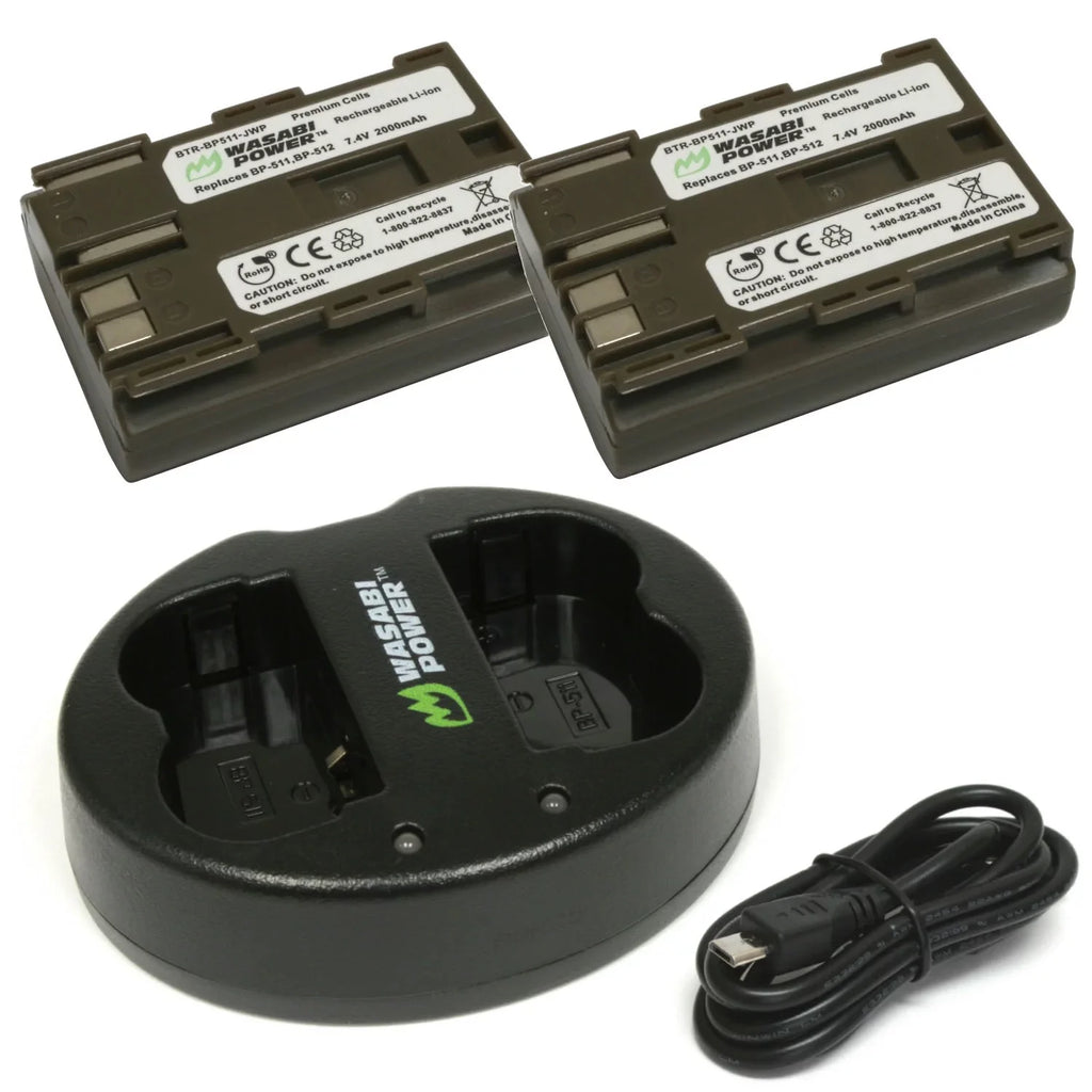 (2-Pack) BP-512, Power BP-511, for Dual Battery BP-511A, Charger Canon BP-514 and Wasabi