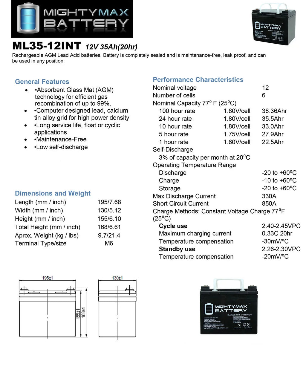 INT 12V 2 for 35AH Replacement - Pontoon Battery Motor Trolling Pack