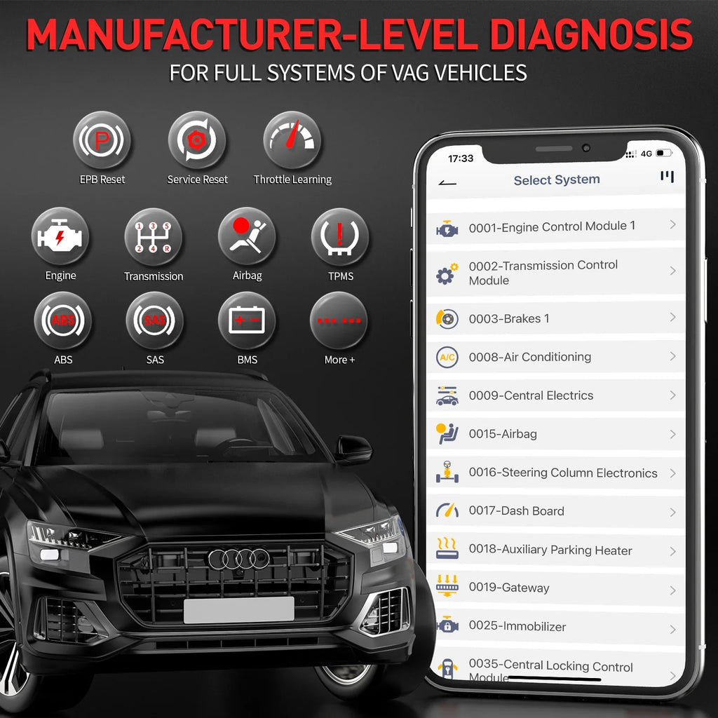 Ancel Seat Code Car Audi OBD2 Tool Fits EPB Skoda Vehicles Check Scanner VAG Scanner Scan Bluetooth Reader Reset Reset Oil Wireless Learning Automotive for VW BD500 All Systems Diagnostic Throttle
