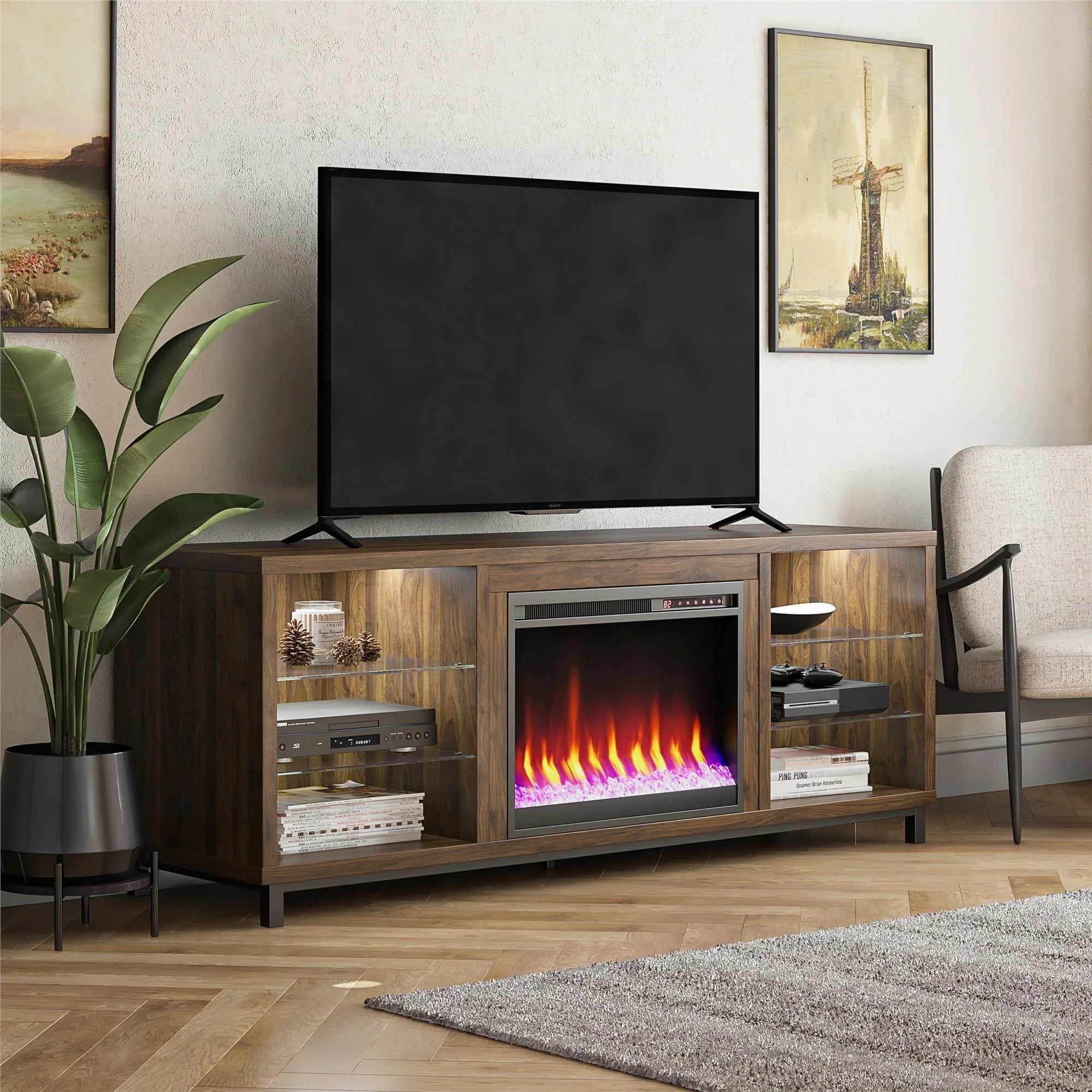 in up Deluxe Fireplace Stand TVs Ameriwood Black Home Lumina 70" to TV for
